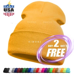 Beanie Hat Cap Plain Knit Skull Cuffed Winter Warm Slouchy Men Women Classic CF - Picture 1 of 38