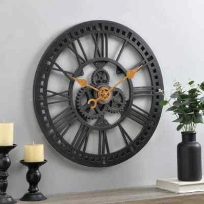 Large Wall Clock Gears Open Face Steampunk Industrial Vibe Lightwgt Plastic 24" - Image 1 of 4