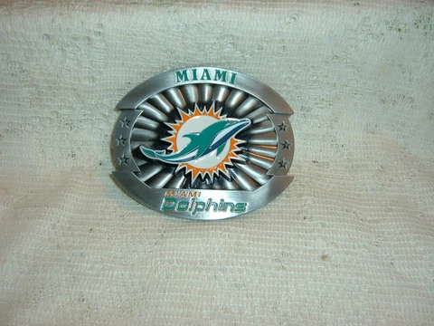 MIAMI DOLPHINS SUNBURST LOGO SIDKIYOU  3 1/4 " X 4"  METAL  BELT BUCKLE NEW Cover