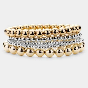 Layered Bracelets Stretch 5 piece SET Metal Ball Beaded Bead GOLD SILVER 0990 - Picture 1 of 2