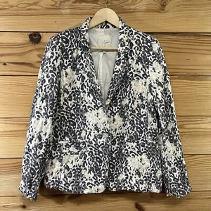 Joie Blazer Jacket 12 100% Linen Gray Beige Animal Print Lined 1 Button B165 - Picture 1 of 14