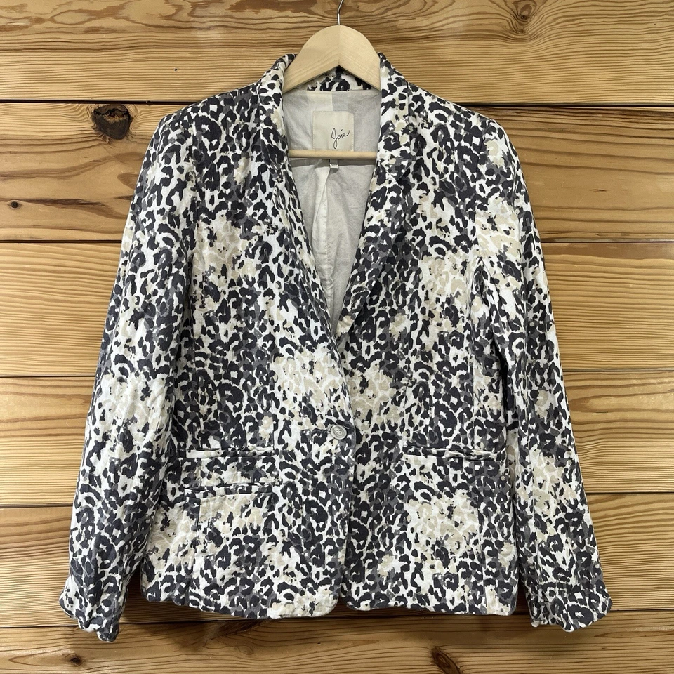 Joie Blazer Jacket 12 100% Linen Gray Beige Animal Print Lined 1 Button B165 - Image 1 of 4