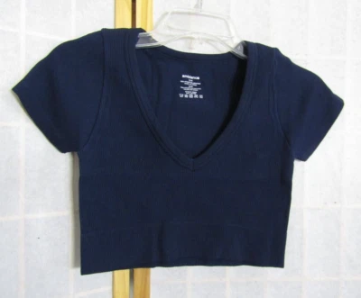 Nuevo en caja Top corto Ambiance de nailon/spandex azul marino manga corta acanalado para mujer M/L Foto 1 de 3