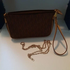 Victor Hugo Brown Monogram Handbag Purse Clutch Tan trim Wristlet Chain Strap - Picture 1 of 9