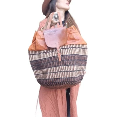 VINTAGE BUCKET BAG Woven Sisal Leather African Kiondo Boho Hippie Shopper Tote - Image 1 of 4