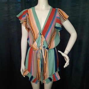 New! Umgee Colorful Ruffle Sleeves Striped Shorts Jumper Romper Women's Small - Picture 1 of 8