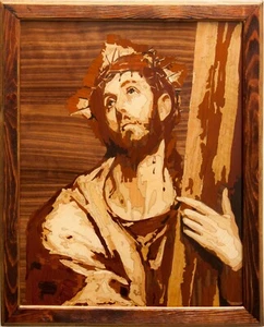 Cuadro de marquetería icono cristiano incrustación madera Jesucristo Salvador El Greco - Imagen 1 de 14