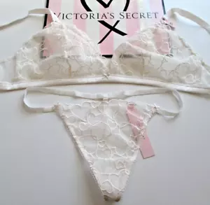 VICTORIA'S SECRET Tease Unlined Bralette Bra & Panty Set XL Ivory Heart Lace NWT - Picture 1 of 6