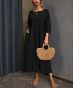 Sucrefas schwarzes Midikleid mit Taschen und Puffärmeln Größe L - Bild 1 von 3