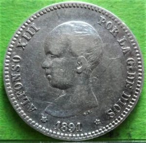 ALFONSO XIII, 1 Peseta, 1891, *18 - 91, Ag - Picture 1 of 2