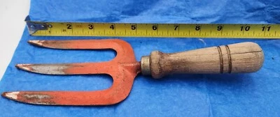 Vintage Primitive 11" Red Painted 3 Tine Metal Wooden Handle Garden Fork - Image 1 of 3