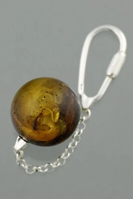 Big SNIPE FLY Fossil BALTIC AMBER Round Bead 25mm Silver KEYCHAIN 12.8g 211103-8 - Image 1 of 4