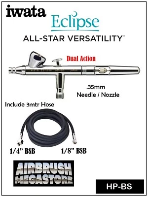 Iwata Eclipse Airbrush HP.BS .35mm Inc: 3mtr Braided Hose + Free Insured Post - image 1 of 4