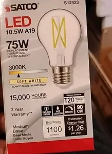 (1 Case 24PK) SATCO S12423/LED Bulb 10.5W A19/ 75W Replacement/Soft White 3000K - Picture 1 of 5