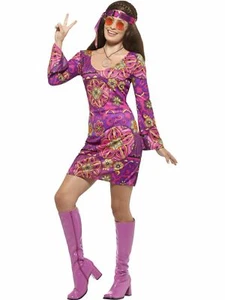 Hippie Costume Flower Power 60s 70s Go Go Retro Hippy Disco Dress Woodstock - Picture 1 of 3