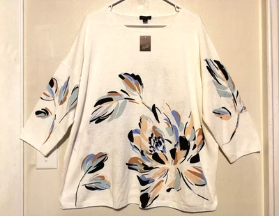J Jill Womens Sweater 2X Linen Blend Wearever Collection Floral Cream 3/4 Sleeve - Image 1 of 4