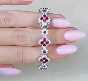 14k White Gold Plated 8Ct Round Cut Lab-Created Red Ruby Tennis Bracelet Women's - Picture 1 of 4