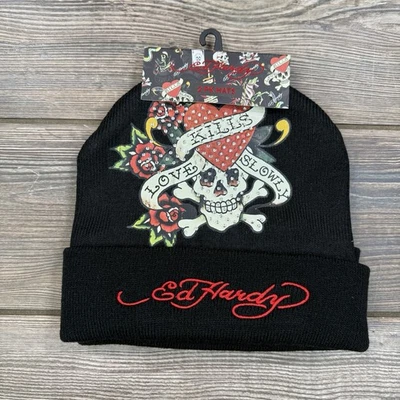 Ed Hardy 2-Pack Knit Beanie Hat Skull Love Kills Stretch Black Y2K One Size NEW - Image 1 of 4