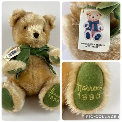 Harrods 1995 Christmas 13" Brown Teddy Bear Green Velvet Bow Soft Toy Plush - Image 1 of 4