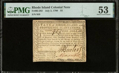 1780 RHODE ISLAND American Revolution Colonial Currency Bank Note RI-282, PMG 53 - Image 1 of 4