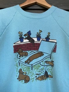 Vintage 80er Dackel Weiner Hund Kunst Sweatshirt Größe Herren XL blau süß Rundhalsausschnitt - Bild 1 von 9