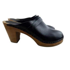 Maguba Swedish Wood Clogs Womens 9 39 High Heel Black Leather Slip On Mules - Picture 1 of 12