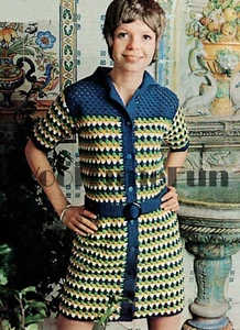 Crochet Pattern Vintage Retro  60s 70s Striped Coat Dress. DK Yarn - Picture 1 of 1