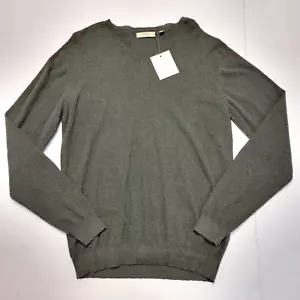 New Hagen Carmel Thin Knit V-Neck Sweater Men LARGE Olive Green Cotton Cashmere - Picture 1 of 6