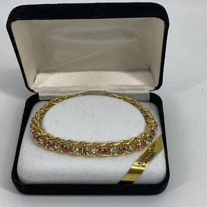 Vintage Boxed Gold Metal Mesh Tube Bracelet with Multi-Color Austrian Crystal 7” - Picture 1 of 3