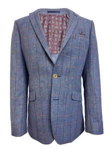 Tweed Jacket Peaky Blinders Blazer Wool Wedding Shooting Hunting Blue Check Mens - Picture 1 of 5
