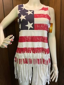 NWT Women’s M Sunward Clothing American Flag Fringe Tank Top Patriotic America - Picture 1 of 6
