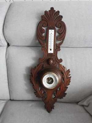 BAROMETRE ANEROIDE EN BOIS SCULPTE ANCIEN THERMOMETRE CENTIGRADE fonctionnel - Photo 1/4