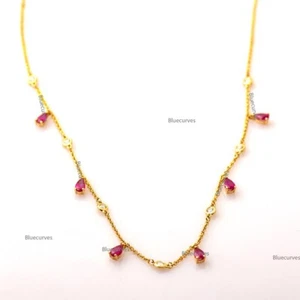 4x3mm Genuine Ruby & Real Diamond Station Necklace 14k Gold Dangling Necklace - Picture 1 of 5
