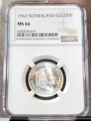 1963 NETHERLANDS SILVER 1 GULDEN JULIANA NGC MS 66 RARE GEM BEAUTY TOP POP - Image 1 of 3