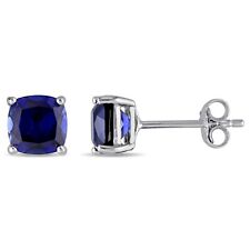Amour Sterling Silver Cushion Cut Created Blue Sapphire Stud Earrings