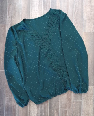 Women's Dark Green Chiffon Textured Blouse w/ Lace Size 2XL - Image 1 of 4
