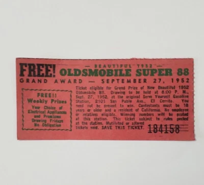 1952 Raffle Ticket To Win A Oldsmobile Super 88 Miller Motor Co Richmond - Image 1 of 2
