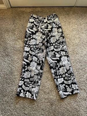 Pantalones Talbots Mujer 10 Negro Blanco Floral Boho Lino Calce Cónico (A) Foto 1 de 4