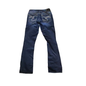Silver Jeans Women’s Size 28x32 Suki Surplus Bootcut Flaps Blue Denim Dark Wash - Picture 1 of 11