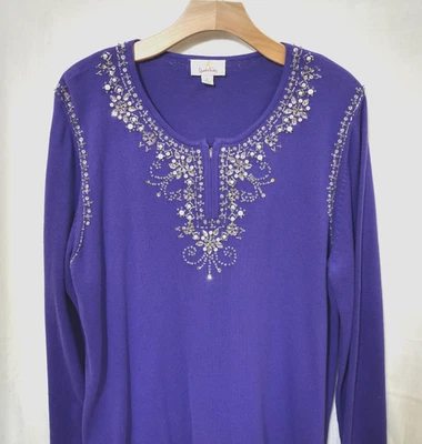 Festive Quacker Factory Purple Beaded Sequin Knit Sweater, sz L Holiday Party - Image 1 of 4