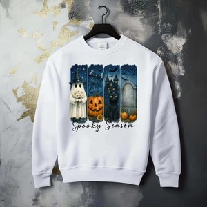 Fall Season Halloween Boo Spooky Cat Ghost Fun Whimsical Graphic Cozy Sweatshirt - Picture 1 of 1