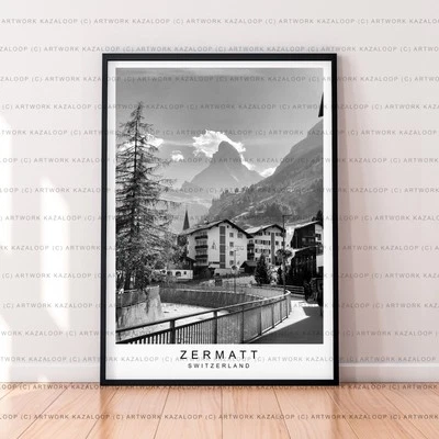 Zermatt Graustufen Druck ungerahmt Reise Poster Deko Zermatt Schweiz - Bild 1 von 2