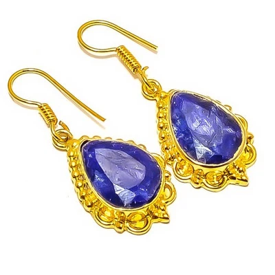 Pendiente antiguo chapado en oro amarillo de 18k zafiro azul (simulado) 1,68" E4-368 Foto 1 de 3