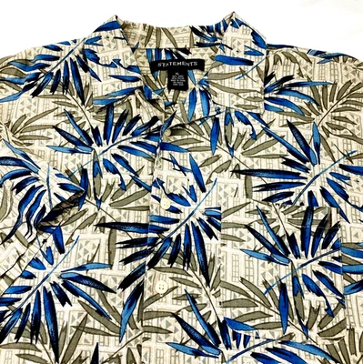 Statements Hawaiian Shirt Linen Rayon Vintage Mens XL Beach Palm Button 90s Y2K - Image 1 of 4