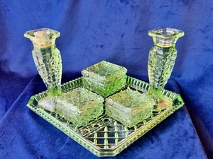 Sowerby Glass Trinket Table Set 6pc Green Depression Glass #2697 Double Line VGC - Picture 1 of 24