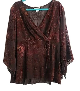 Dressbarn Damen transparentes Samt Ausbrenner Top 2X braun fließend Grunge Y2K Babydoll - Bild 1 von 8