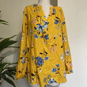 Blusa de otoño antigua azul marino amarilla floral para mujer XL manga corbata boho cuello dividido - Imagen 1 de 10