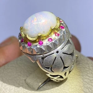 nice Large White Fire Opal Men’s Ring 925Silver Handmade Natural Ruby Accent Gem - Picture 1 of 12
