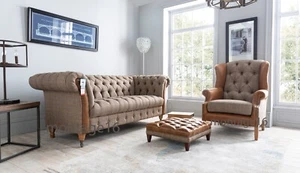 Bespoke Montrose Button Back Chesterfield Harris Tweed Leather Mix Fabric Sofa - Picture 1 of 18