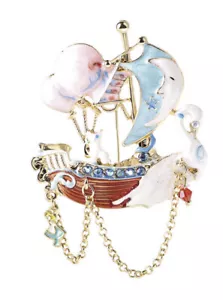 SPILLA STEAMPUNK MONGOLFIERA BARCA A VELA FANTASTICA STRASS SMALTO ORO - Foto 1 di 3